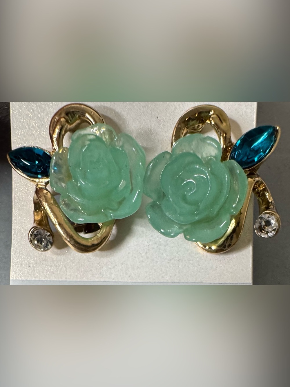 Mint Floral Rose Clip-On Earrings with Teal Crystal Accent pastel summer